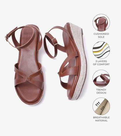 Interlock Detail Ankle Strap Wedges - Tan
