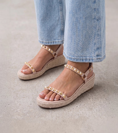 Studded Espadrille Wedges - Light Cream
