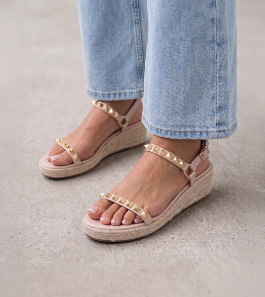 Studded Espadrille Wedges - Light Cream