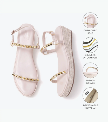 Studded Espadrille Wedges - Light Cream