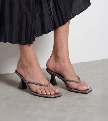 Snake Print Slip On Kitten Heels - Dark Grey