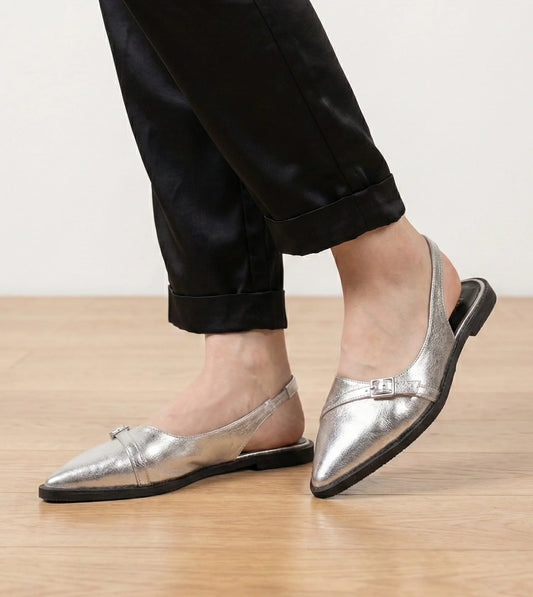 Pointed-Toe Buckle Slingback - Silver