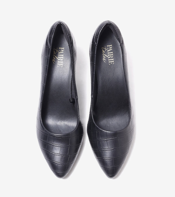 Textured Pointed Toe Pumps - Black