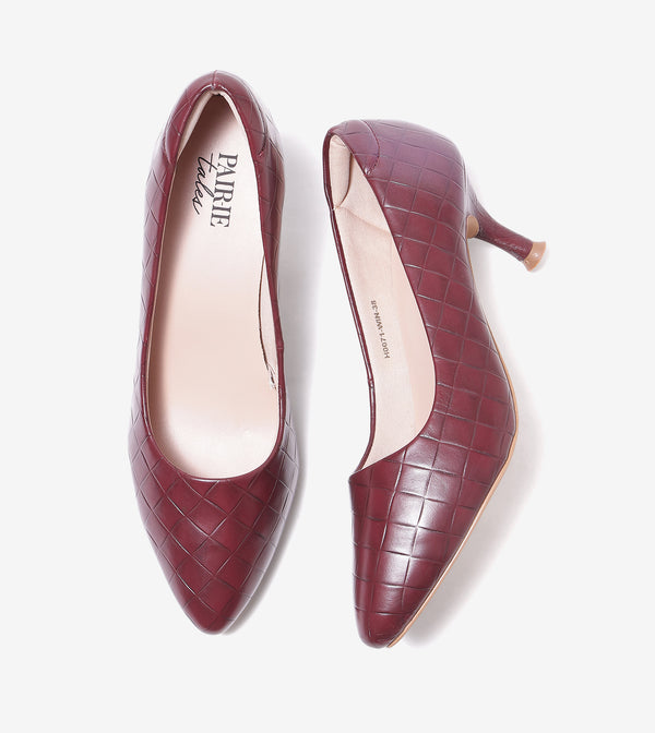 Textured Pointed Toe Pumps - Wine
