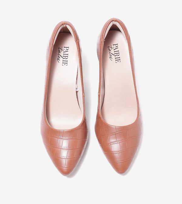 Textured Pointed Toe Pumps - Tan
