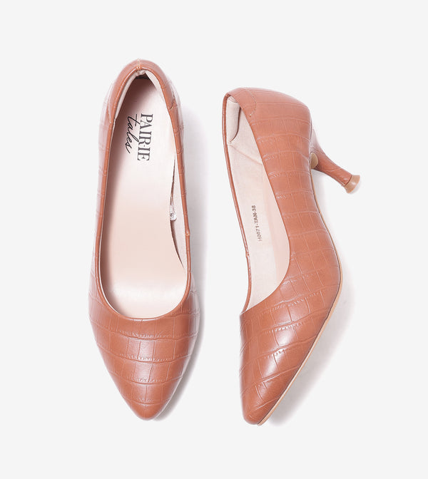 Textured Pointed Toe Pumps - Tan