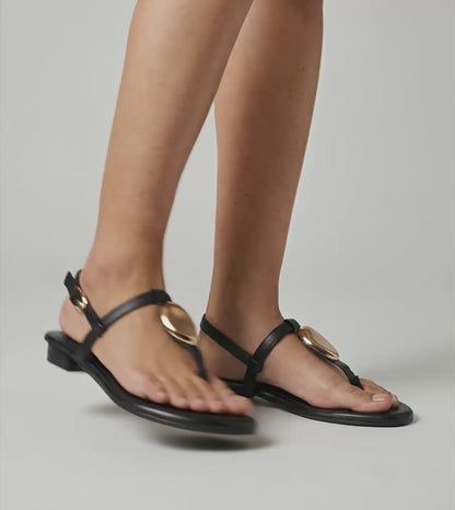 Metallic Accent T-Strap Flats - Black