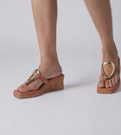 Golden Trim T-Strap Wedges - Tan