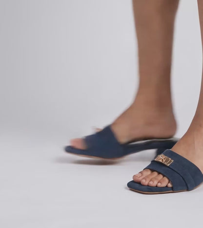 Classic Mules Block Heels - Navy Blue