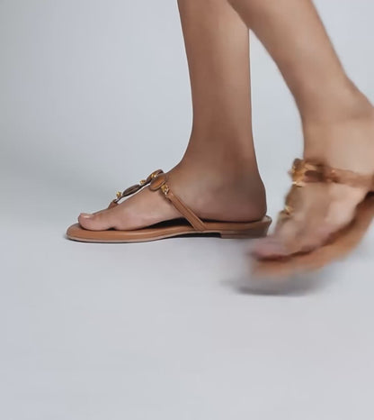 Embellished T-Strap Beaded Flats - Tan